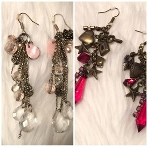 Bundle of 2 pairs pink and Red charm chandelier earrings with hearts & lockets